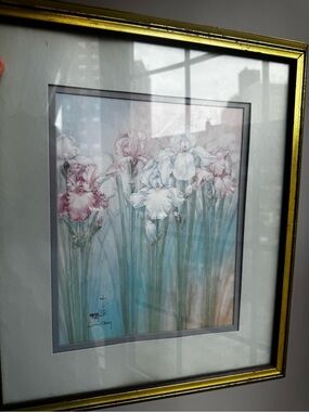 Vintage Signed Original Painting Iris Watercolor Floral Print in Gold Frame